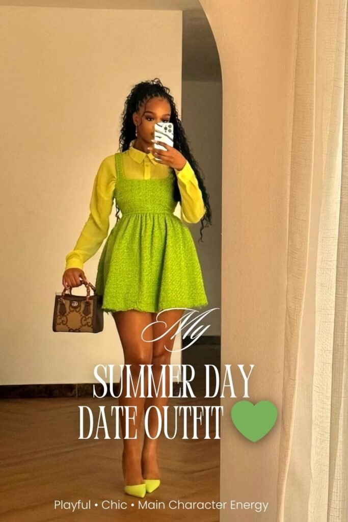 A woman wearing a lime green mini dress layered over a light yellow blouse, styled with green pointed heels and a brown mini handbag. A bold, playful summer date outfit perfect for daytime outings like brunch or museum