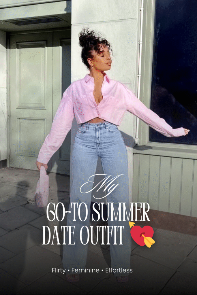 A stylish woman wearing a cropped pink button-down shirt with light blue wide-leg jeans and pink heels, holding a matching pink mini bag. A cute and flattering summer date outfit for casual outings like coffee or a walk.